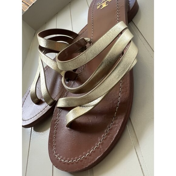 Tory Burch Patos Metallic Strappy Sandals Gold Leather Slides Summer Chic Size 9 - Picture 7 of 13
